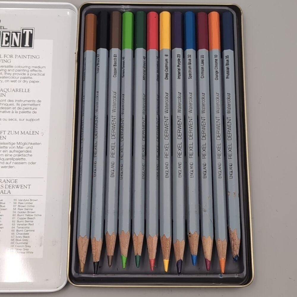 Vintage Tin Of 12 Derwent Artists' Coloured Pencils by Rexel Cumberland